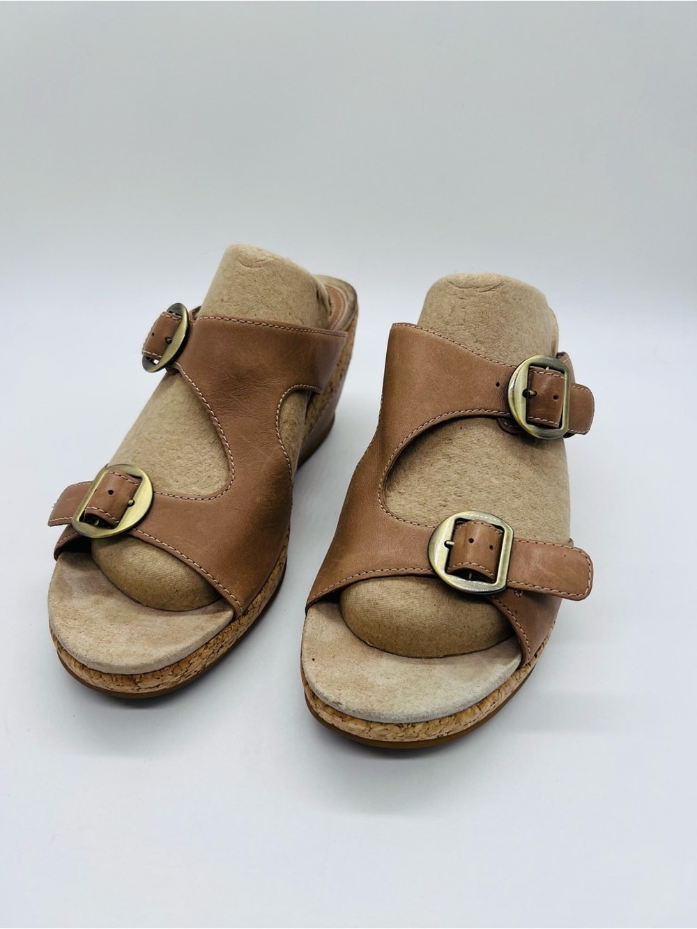 Dansko Tan Leather Double-Buckle Carla Wedge Sandals